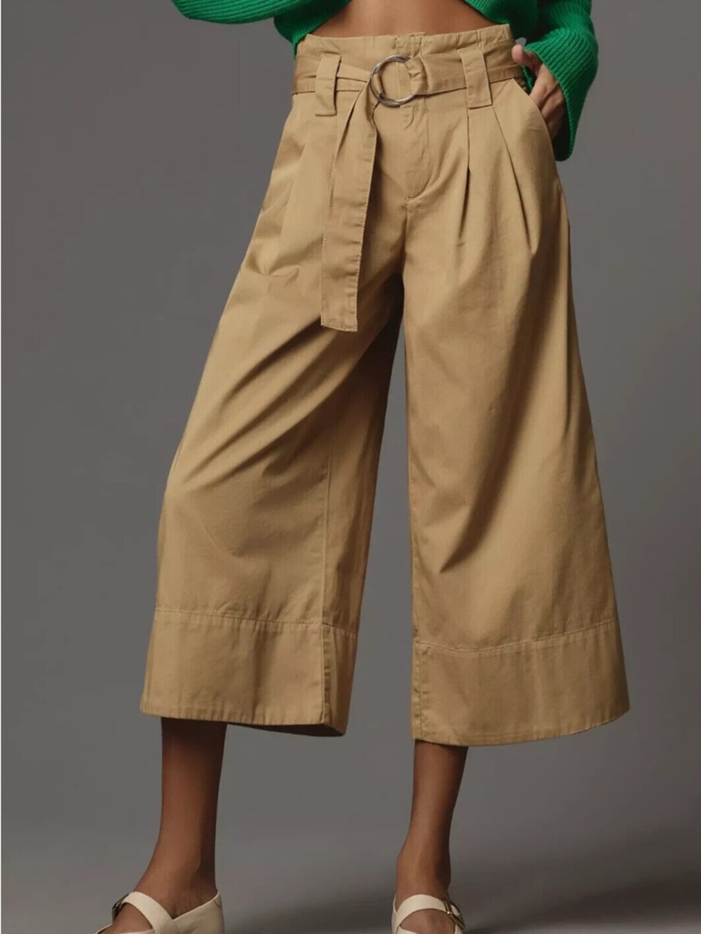 Anthropologie Maeve Tan Wide-Leg culotte Crop Belted work Pants high waist Sz 6 - Picture 1 of 13